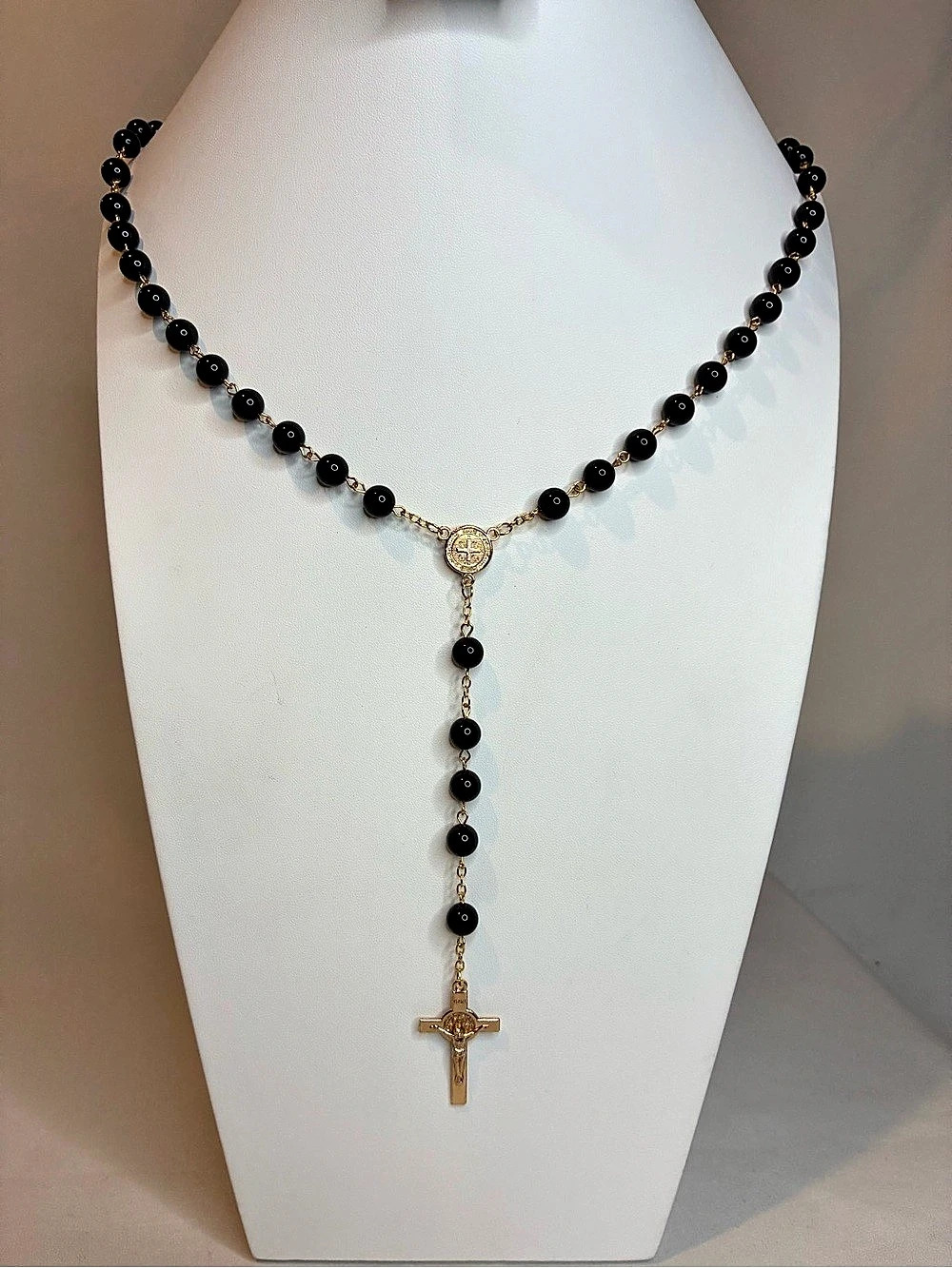 Black Beaded Rosary Necklace